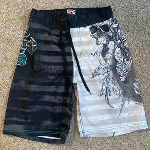 Y2K MMA Elite swim board shorts grunge skull cross